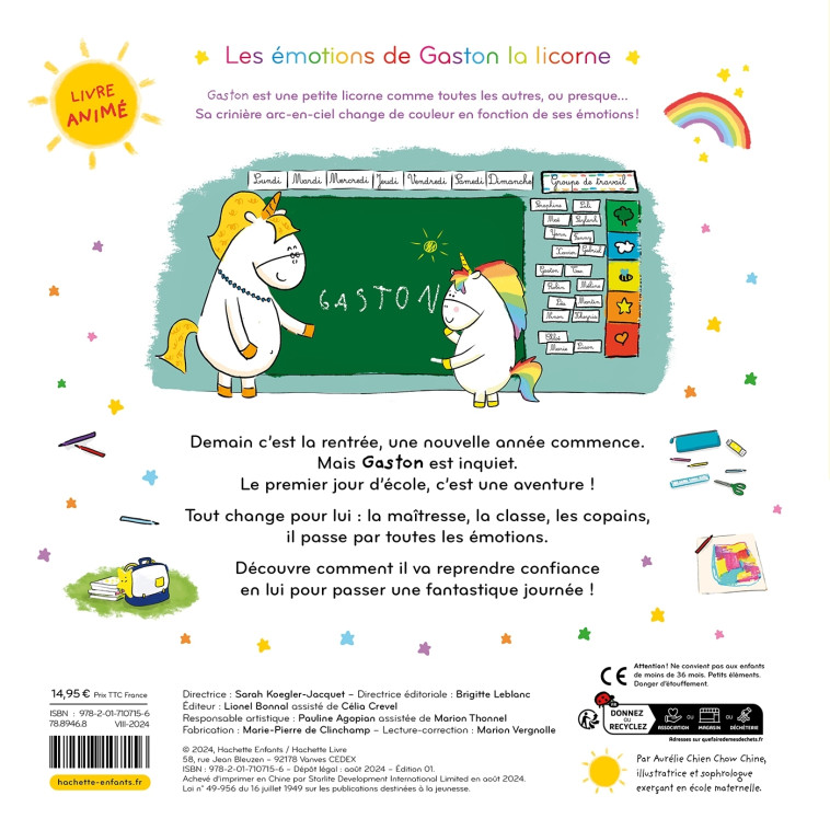 Les émotions de Gaston la licorne à l'école - Livre animé - Aurélie Chien Chow Chine, Aurélie Chien Chow Chine - HACHETTE ENFANT