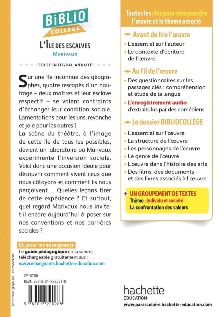 Bibliocollège - L'Ile des esclaves, Marivaux - Isabelle Lisle, Marivaux Marivaux, Hervé Duphot,  MARIVAUX, Pierre Marivaux, Isabelle Lisle, Pierre Marivaux, Hervé Duphot - HACHETTE EDUC