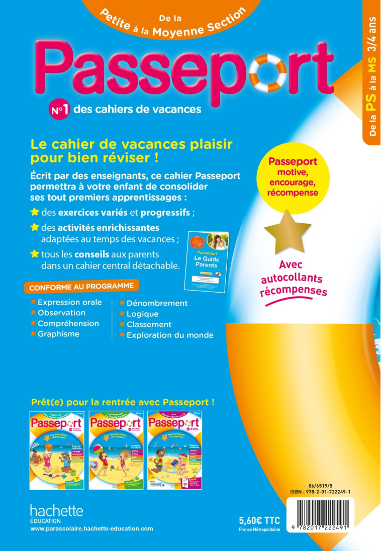 Passeport - De la Petite à la Moyenne Section 3/4 ans - Cahier de vacances 2024 - Nadia Poure, Marie-Christine Exbrayat, Mathieu Strale - HACHETTE EDUC