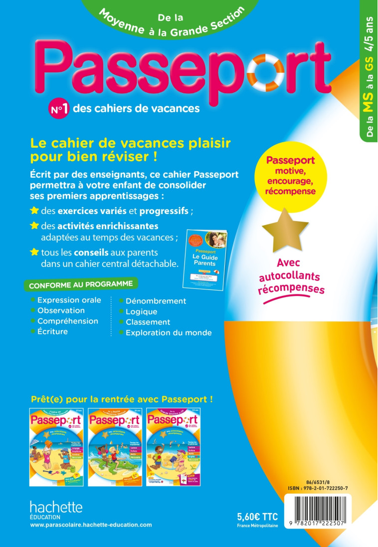 Passeport - De la Moyenne à la Grande Section 4/5 ans - Cahier de vacances 2024 - Nadia Poure, Marie-Christine Exbrayat, Bernard Jenner - HACHETTE EDUC