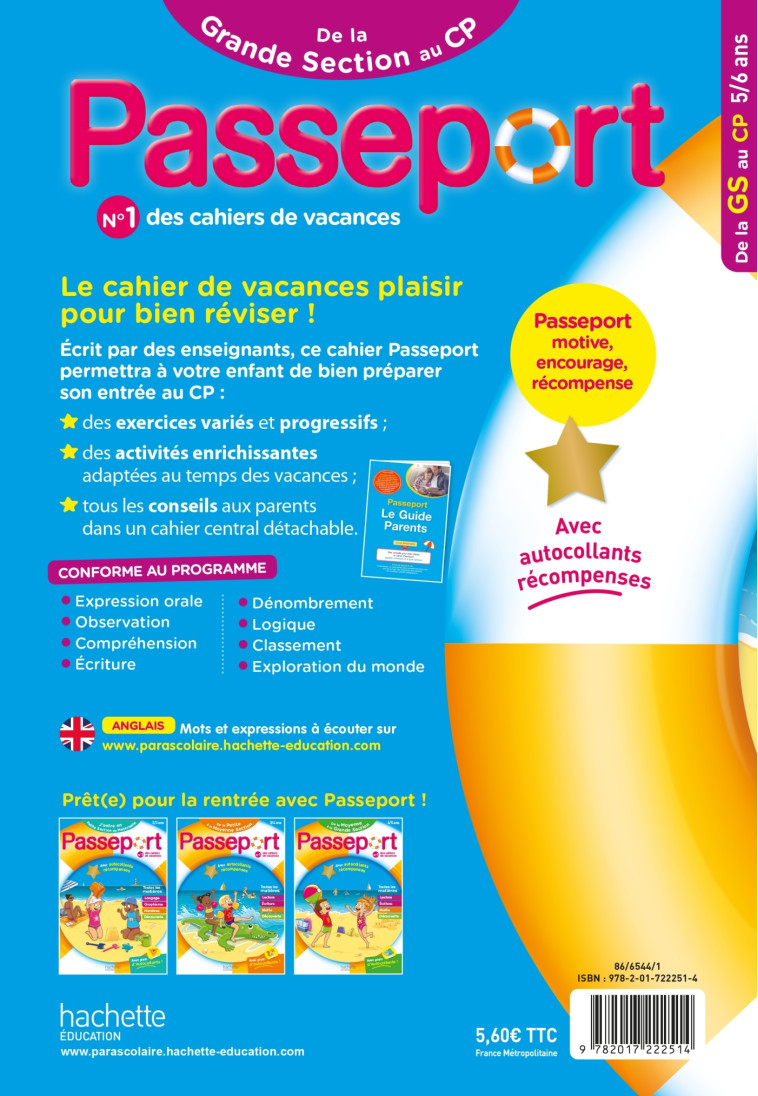 Passeport - De la Grande Section au CP 5/6 ans - Cahier de vacances 2024 - Bernard Jenner, Guy Blandino, Nadia Poure, Thérèse Bonté - HACHETTE EDUC