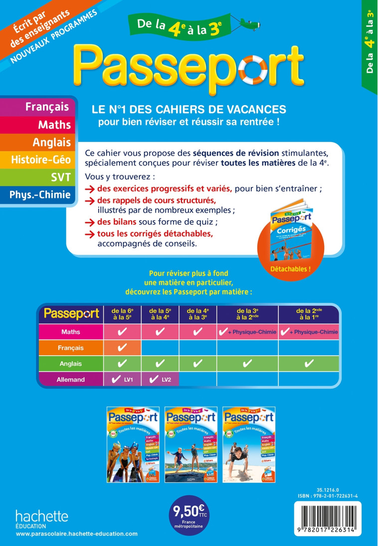 Passeport - Toutes les matières - De la 4e à la 3e - Cahier de vacances 2025 - Laurent Bonnet, Fabienne Ottevaere, Sébastien Dessaint, Anne-Laure Chat, mireille semat, Laurent Bonnet, Fabienne Ottevaere, Sébastien Dessaint, Anne-Laure Chat, mireille semat