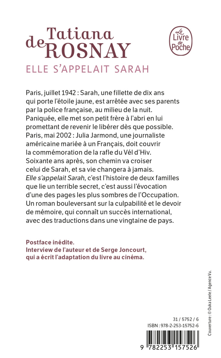 Elle s'appelait Sarah - Tatiana Rosnay, Tatiana de Rosnay, Tatiana Rosnay - LGF