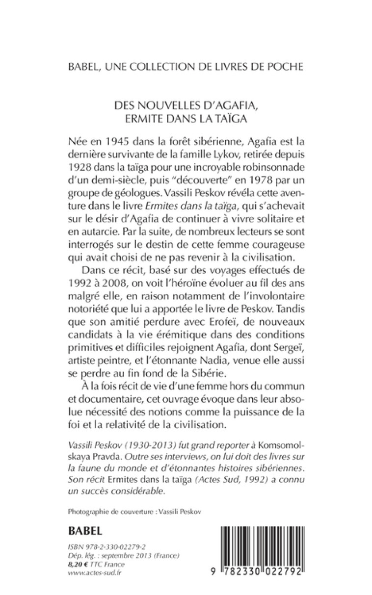 Des nouvelles d'Agafia, ermite dans la taïga - Vassili Peskov, Yves Gauthier - ACTES SUD