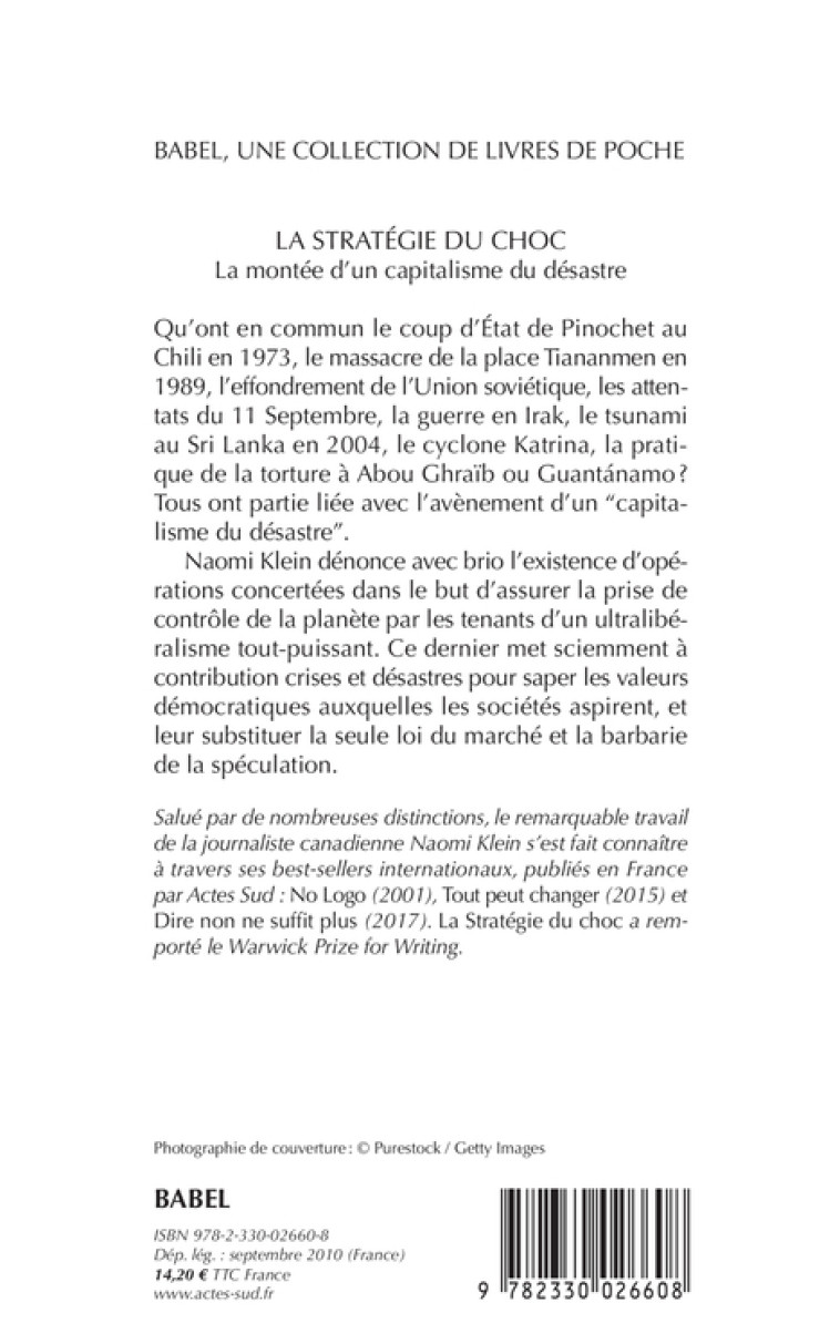 La Stratégie du choc - Naomi Klein, Lori Saint-Martin, Paul Gagné, Naomi Klein, Paul Gagné, Lori Saint-Martin - ACTES SUD
