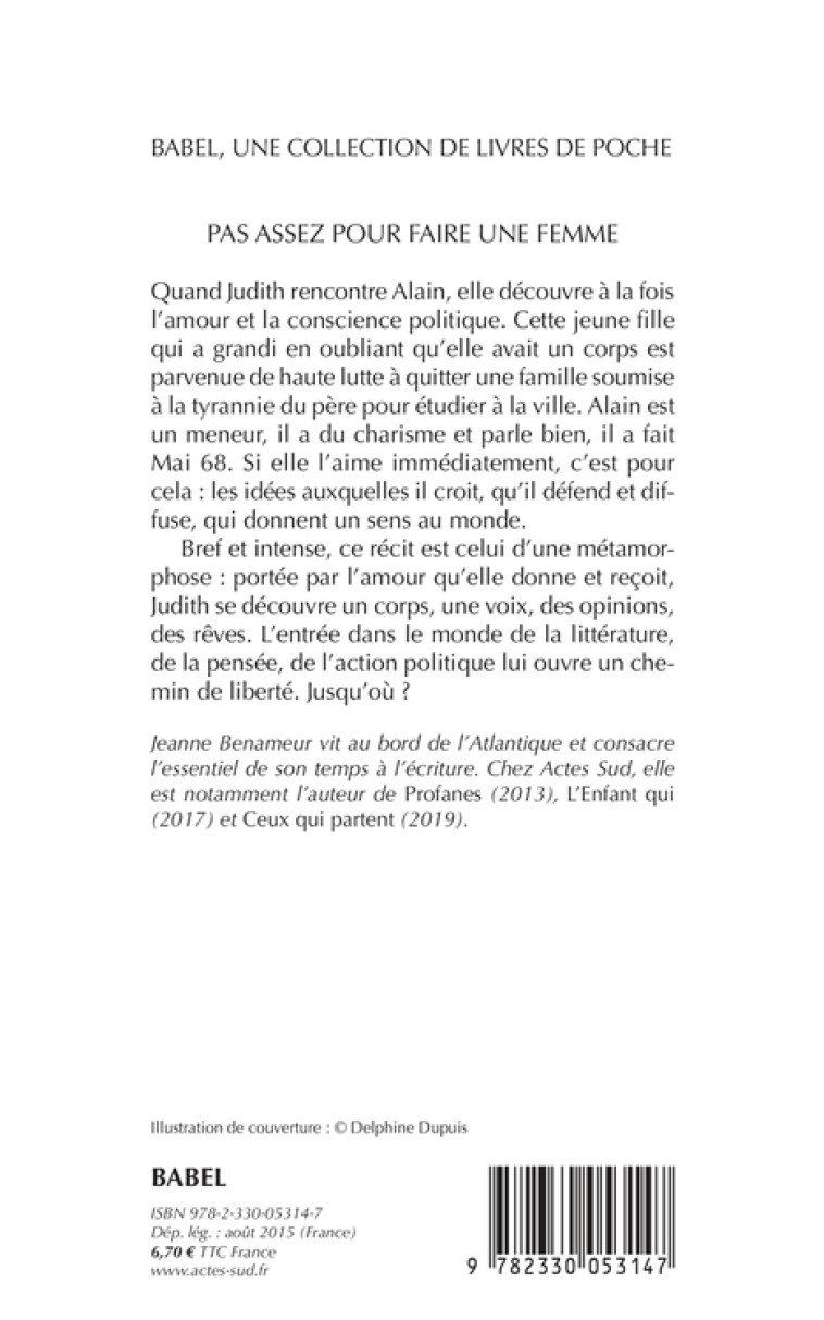 Pas assez pour faire une femme - Jeanne Benameur - ACTES SUD