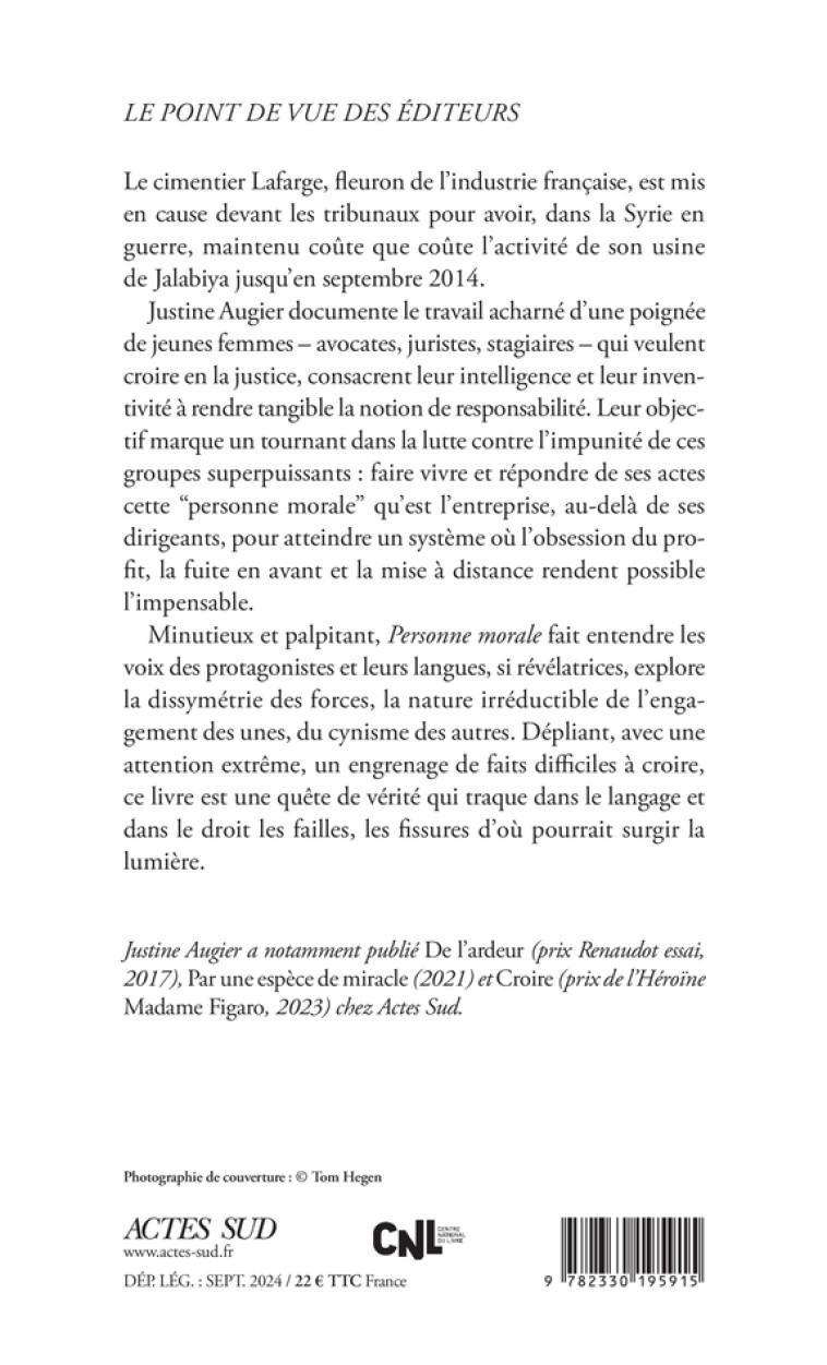 Personne morale - Justine Augier, Justine Augier - ACTES SUD