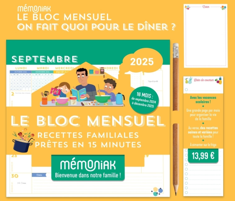 Le Bloc mensuel organiseur Mémoniak On fait quoi pour le dîner (sept. 2024 - déc. 2025) - Emilie Thuillez, Nesk Nesk,  Nesk, Emilie Thuillez,  Nesk - 365 PARIS
